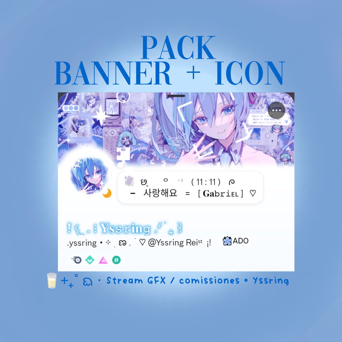 yssring098's tweet photo. 💙 Nuevo premade Banner + Icon Pack disponible ✨

YAA tengo página en VGen y estoy demasiado emocionada de empezar a subir mis trabajos, premades y comisiones ahí 🥹💗

Este pack ya está disponible y vienen más cositas pronto~

#VGen #VTuberArtist #DiscordBanner #VTuberAssets https://t.co/ONBSJHMIKA
