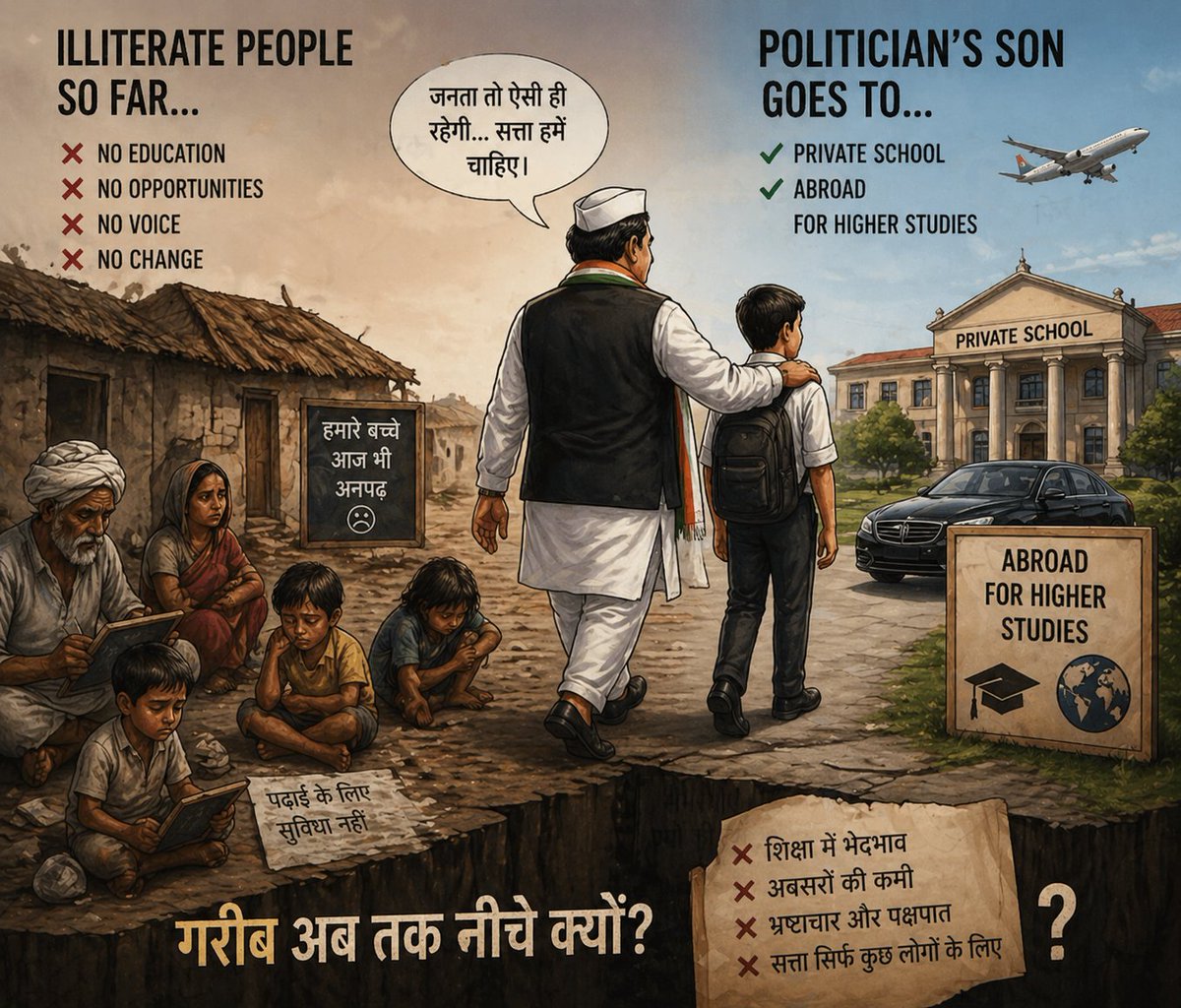 Deep2ak_Sharma's tweet image. On one side, बच्चों के पास basic education भी नहीं…
On the other, नेताओं के बच्चे private schools और abroad.

Gap सिर्फ income का नहीं है — system का है.

जब तक शिक्षा बराबर नहीं होगी, तब तक मौके भी बराबर नहीं होंगे.

Why are the poor still left behind? 🤔

#EducationForAll #IN