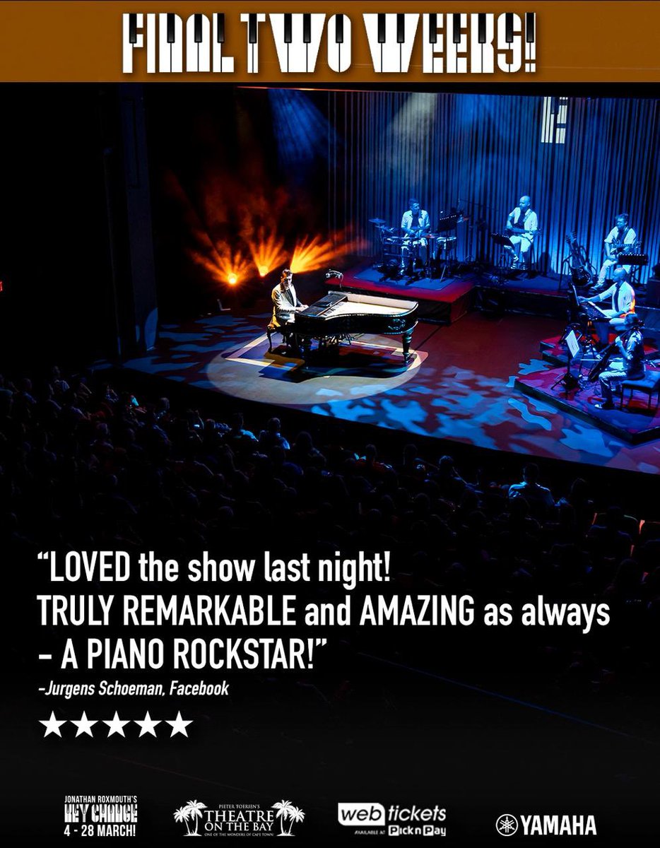 FINAL TWO WEEKS at Montecasino
Show must end 10 May!
Jonathan Roxmouth’s KEY CHANGE 
“BRILLIANT! Don’t miss this one!” Hanlee Louw 
Tickets at Webtickets

webtickets.co.za/v2/event.aspx?…

#dontmissthis
#keychange
<a href="/MONTECASINOZA/">MONTECASINO</a> <a href="/webticketsSA/">webtickets.co.za</a> <a href="/PieterToerien/">Pieter Toerien Productions</a>