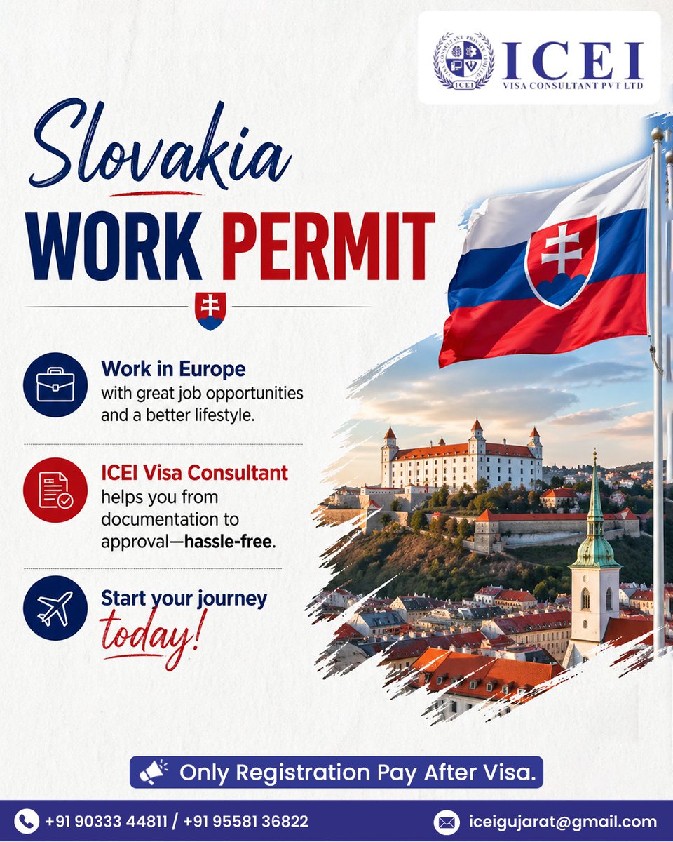 iceiabroadstudy's tweet image. Work in Europe
Get your Slovakia work permit with ICEI Visa Consultant.
Only Registration — Pay After Visa
Start your journey today!

📞 +919558136822 |
🌐 iceiabroadstudy.com
📩 iceigujarat@gmail.com

#SlovakiaWorkPermit #WorkInEurope #EuropeJobs #VisaConsultant