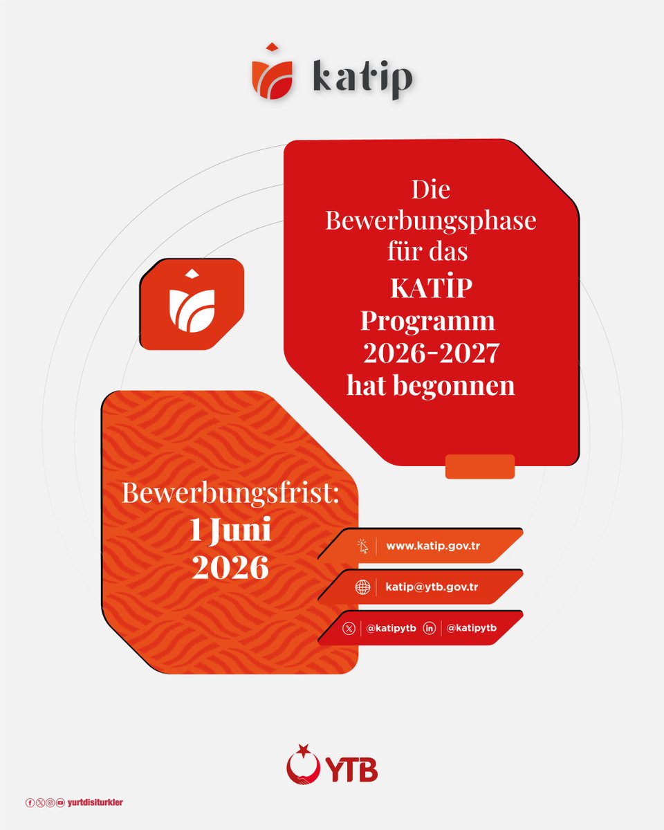 katipytb's tweet photo. Bewerbungen für das KATİP Programm 2026-2027 sind jetzt möglich!

Öffentliche Bedienstete und Akademiker sind eingeladen, sich für dieses herausragende Programm zur türkischen Sprache und Kultur zu bewerben.

🗓️ Bewerbungsfrist: 1 Juni 2026 https://t.co/yz9BISJG2d