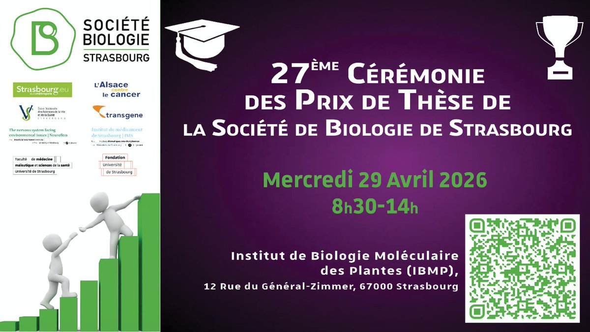 cnrs_ibmp's tweet image. 🎓 L’IBMP accueille le 29 avril 2026 la 27ᵉ Cérémonie des Prix de Thèse de la Société de Biologie de Strasbourg ! Un événement dédié à l’excellence scientifique et à la valorisation des jeunes chercheurs en biologie et santé.
📍 Strasbourg | 🕣 8h30–14h
#PrixDeThèse #Recherche