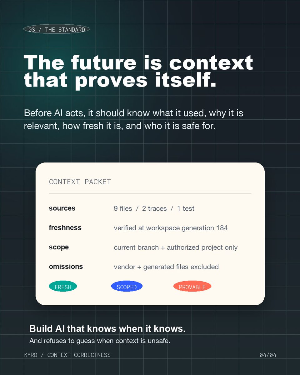 AI systems do not fail only because the model is weak. They fail because the context is stale, incomplete, unsafe, or irrelevant.

The next layer of AI infrastructure is context that is fresh, scoped, and provable before the model acts.