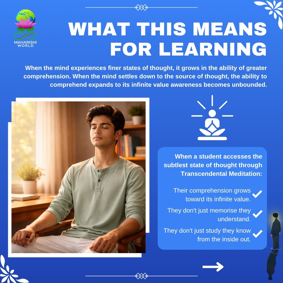 MaharishiworldE's tweet image. Stop telling students to just "study harder." True comprehension comes from unlocking the mind's infinite potential. Transcendental Meditation shifts learning from stressful memorization to intuitive understanding. 🧠📚 #MaharishiWorld #Education #StudentSuccess