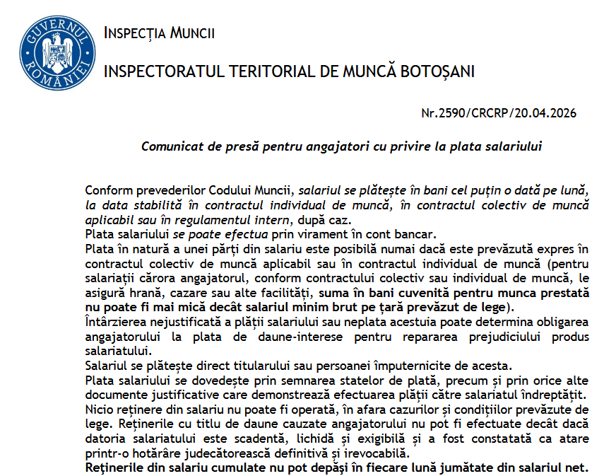 expertcontabil's tweet photo. COMUNICAT DE PRESĂ pentru angajatori cu privire la plata salariului - oficial ITM (aprilie 2026) - https://t.co/7IrhMWBY7n https://t.co/w4rccwk3LG