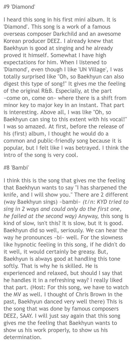 when kim youngdae, the music critic, praised baekhyun and his vocals:

"baekhyun this person lacks in nothing"
"he is a full package of the talents that an idol can have. without any exaggeration baekhyun's music quality is on the highest level that a worldwide singer can reach."