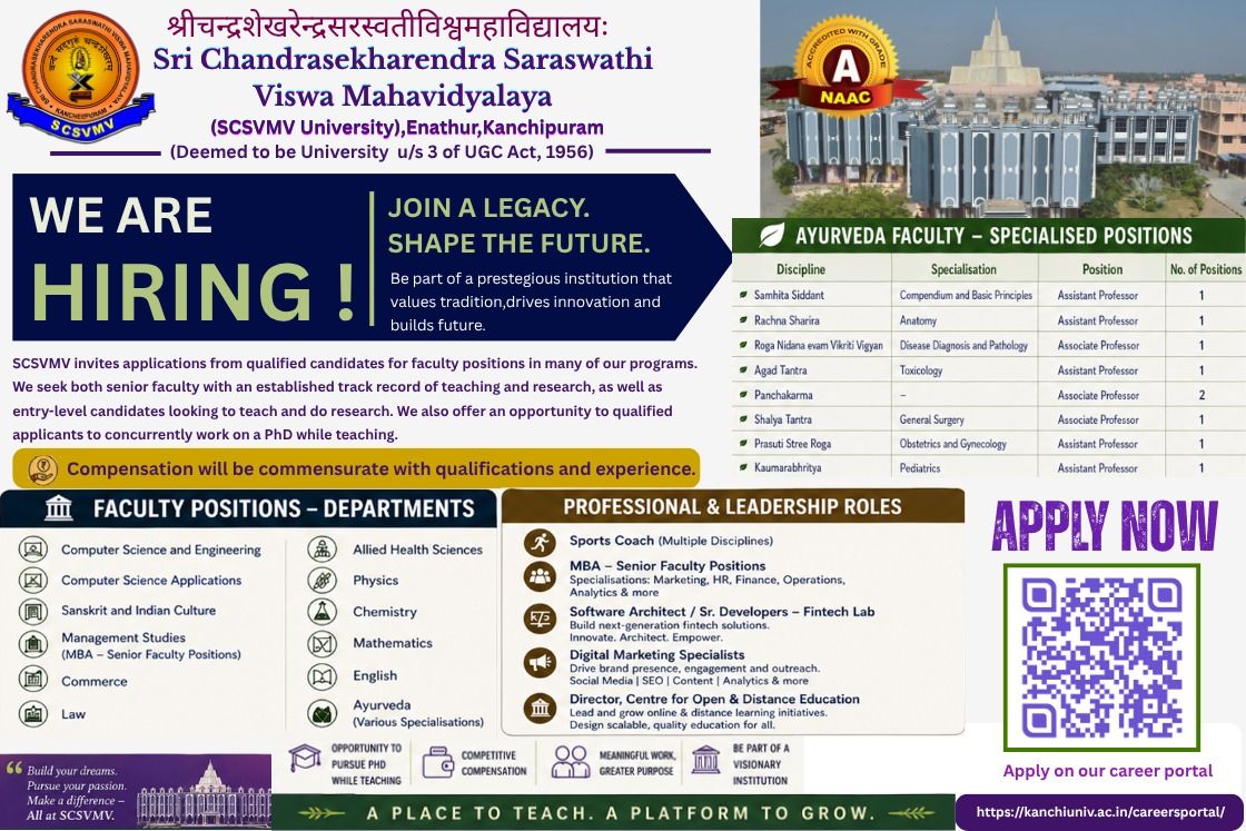 KanchiMatham's tweet photo. Sri Chandrasekharendra Saraswathi Viswa Mahavidyalaya (SCSVMV Deemed University), Enathur, #Kanchipuram is hiring for various roles. Apply at https://t.co/wFfmw27F3c
#kamakoti https://t.co/y9PjM8D40l