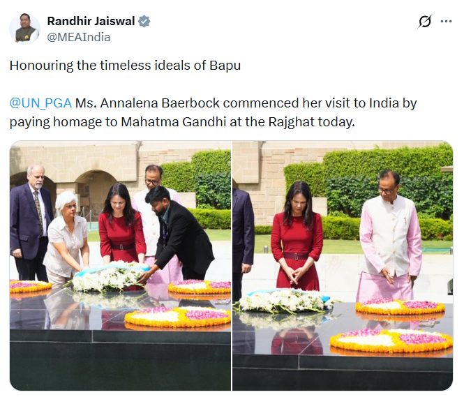 uniurdunews's tweet image. اقوامِ متحدہ کی جنرل اسمبلی کے 80ویں اجلاس کی صدر اینالینا بیر بوک نے آج راج گھاٹ پر مہاتما گاندھی کو خراجِ عقیدت پیش کر کے اپنے بھارت کے دورے کا آغاز کیا۔

@MEAIndia | @UN_PGA | #AnnalenaBaerbock | #UnitedNations | #Rajghat | #MahatmaGandhi | #IndiaVisit | #UNI | #UNIUrdu