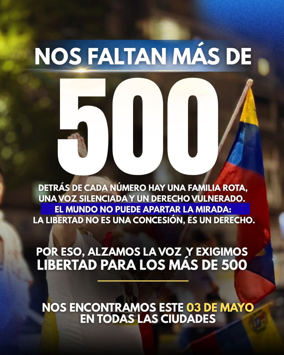Exigimos justicia: Más de 500 voces permanecen secuestradas. 🇻🇪

El conteo de la injusticia supera los 500 presos políticos. Es hora de que el mundo mire de frente la realidad de Venezuela. Alzamos la voz por su libertad inmediata. 🕊️🇻🇪

Acompáñanos en la jornada global este 3 de