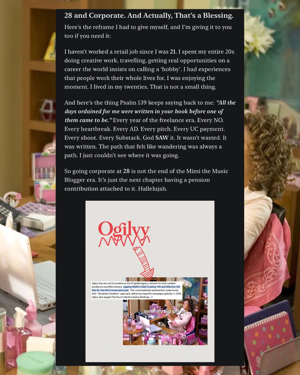 I said I’d never get a 9–5. I meant it too btw!! 

But six months ago, I walked into Ogilvy, broke, proud, and coming out of a season I didn’t have the language for yet. The freelance life looked good on the outside, but behind the scenes I was on UC, holding it together with
