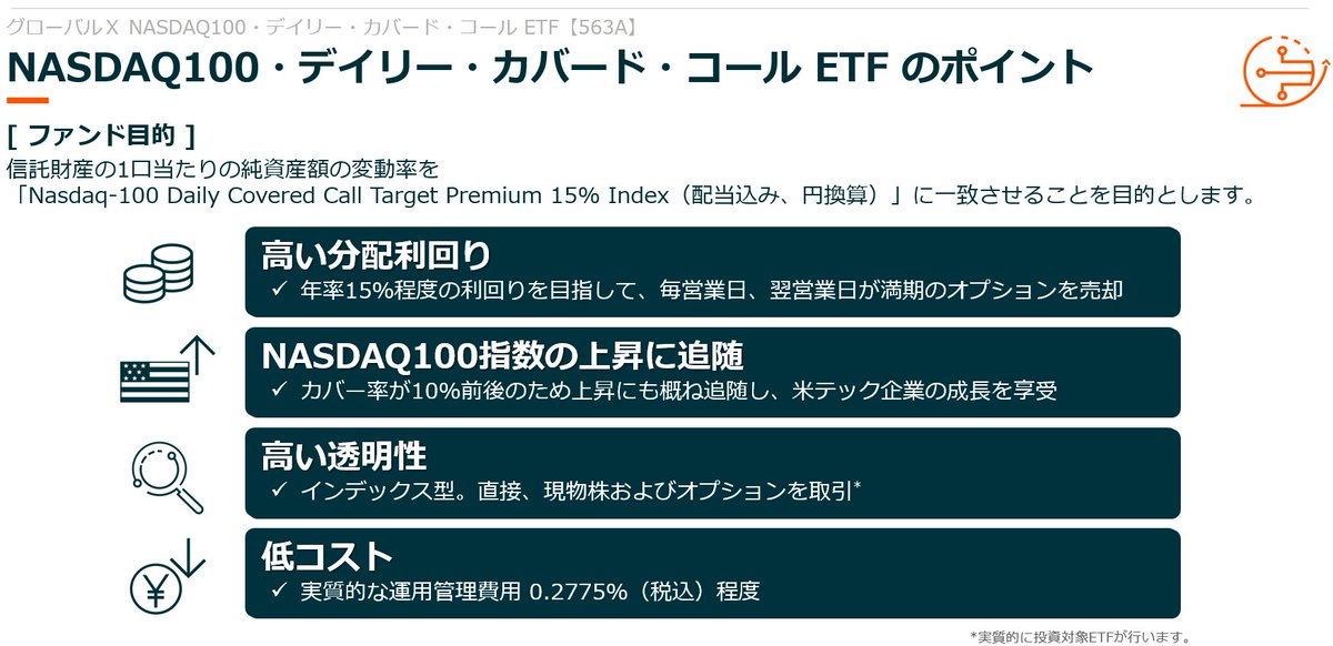 GlobalXETFsJPN's tweet image. 💰分配だけでなく値上がりも⁉ 話題のカバコETF 【 #563A 】とは❔💰

🚩高い分配利回り（年間15％程度が目標）、NASDAQ100指数の上昇に概ね追随、高い透明性と低コストも特長💡

👇詳しくは以下の動画から👇
youtu.be/LB0k3zRfaDQ?si…

#グローバルX #ETF #カバコ #NASDAQ #ナスダック #高配当