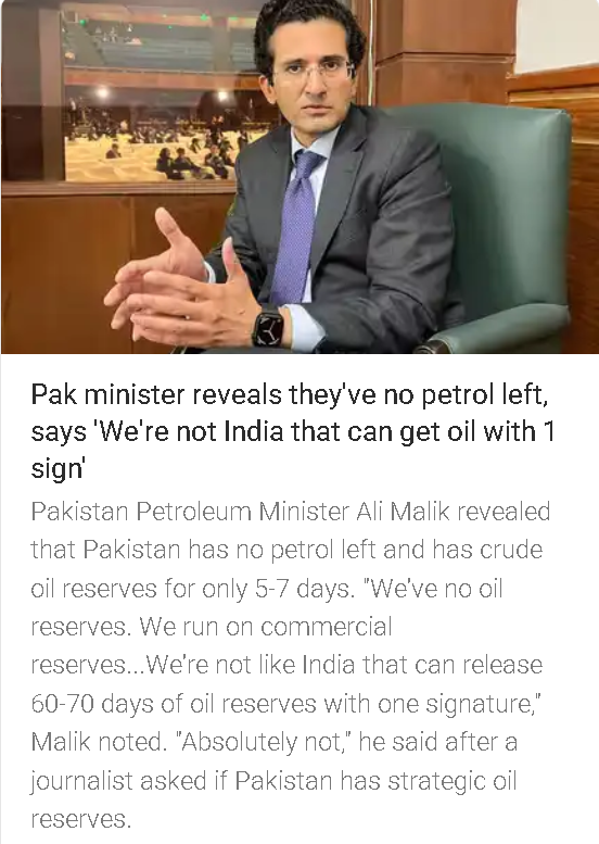 t_inconvenient's tweet photo. #Pakistan Minister says they have no petrol left, says "We are not India that can get oil with 1 sign.
-Pakistan has absolutely zero strategic oil reserves, relying entirely on commercial reserves
- "We're not like India,which can release 60-70 days of oil reserves with one sign" https://t.co/XQQBxOf05v