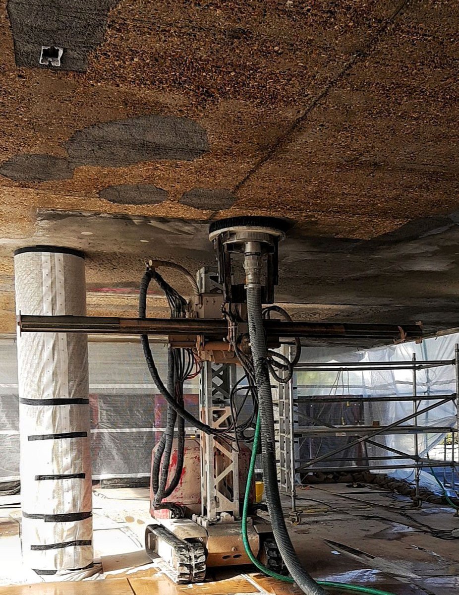 rglservices's tweet photo. Our Hydrodemolition robot continues to impress on even the most challenging jobs, especially upside-down concrete surface preparation.

Equipped with powerful vacuum recovery, it simultaneously collects both debris and wastewater in one seamless operation. This means no scaffolding, no working at height, and significantly reduced risk for our teams and clients.

Whether it's overhead slabs, tunnels, or other difficult-to-access areas, we can deliver fast, precise, and clean surface prep with minimal disruption to the surrounding environment.

Learn more about our Concrete Surface Preparation Services here: https://t.co/PTNGRKhU1L

#RGLservices #WaterJetting