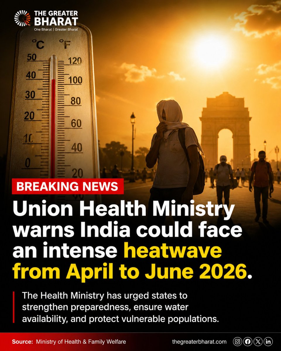 The_Grtr_Bharat's tweet image. The Union Health Ministry has just warned that India could face an intense heatwave from April to June 2026.
#temperature
#heatwave
#India #summers