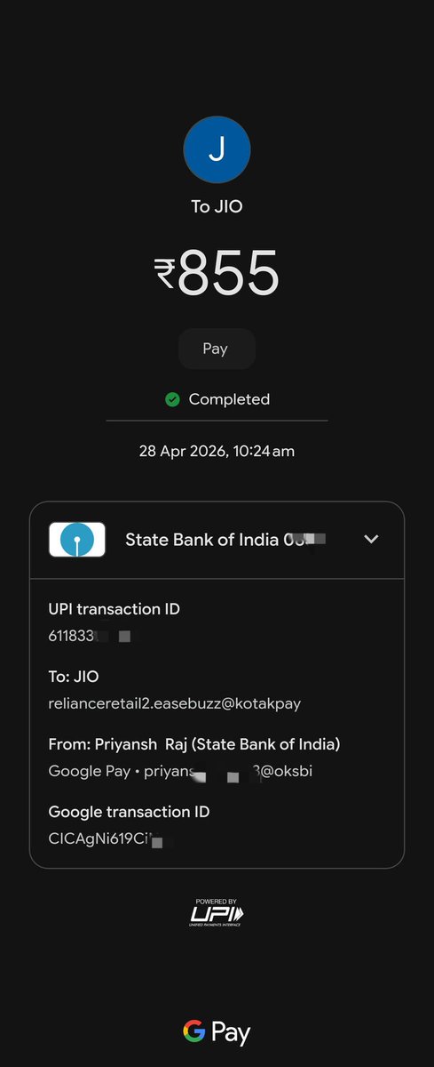 PR71544's tweet image. Hey @JioCare @reliancejio , I tried to recharge via the MyJio app using Supercoins + UPI. The app says Recharge Failed, but my UPI app shows Payment Successful. It's been 2 hours and neither the recharge nor a refund has reflected. Please look into this #jio #recharge