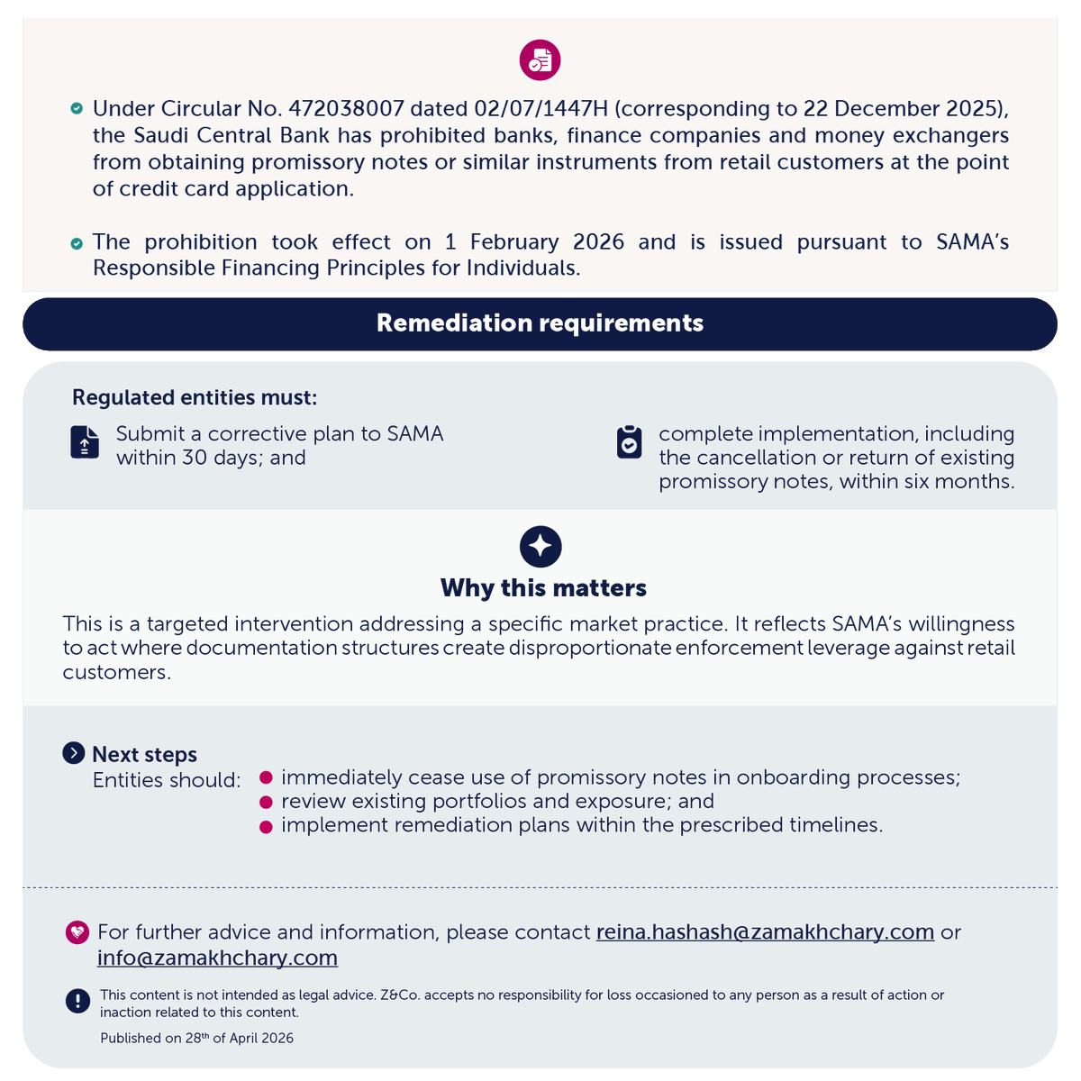 ZcoTweets's tweet photo. The Saudi Central Bank (SAMA) has introduced a key regulatory shift, prohibiting the use of promissory notes in credit card applications.

This move reinforces responsible financing principles and reflects SAMA’s willingness to act where documentation structures create disproportionate enforcement leverage against retail customers.

Entities are now required to reassess onboarding processes, review existing portfolios, and implement corrective measures within defined timelines. Swipe left for more information.