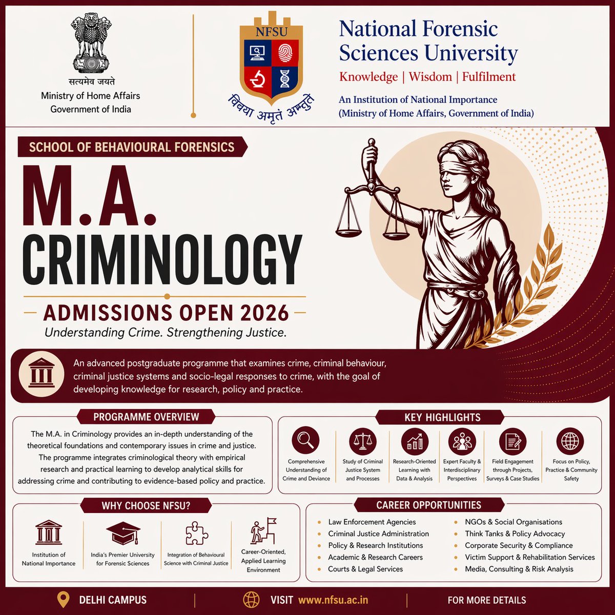 NFSU_Delhi's tweet image. Admissions Open for M.A. Criminology! 

Apply Now!

For more information &amp;amp; application, visit us at nfsu.ac.in/admission

#NFSU #NFSUDelhi #Admissions #AdmissionsOpen #Education #CollegeAdmissions #Criminology #Forensicscience