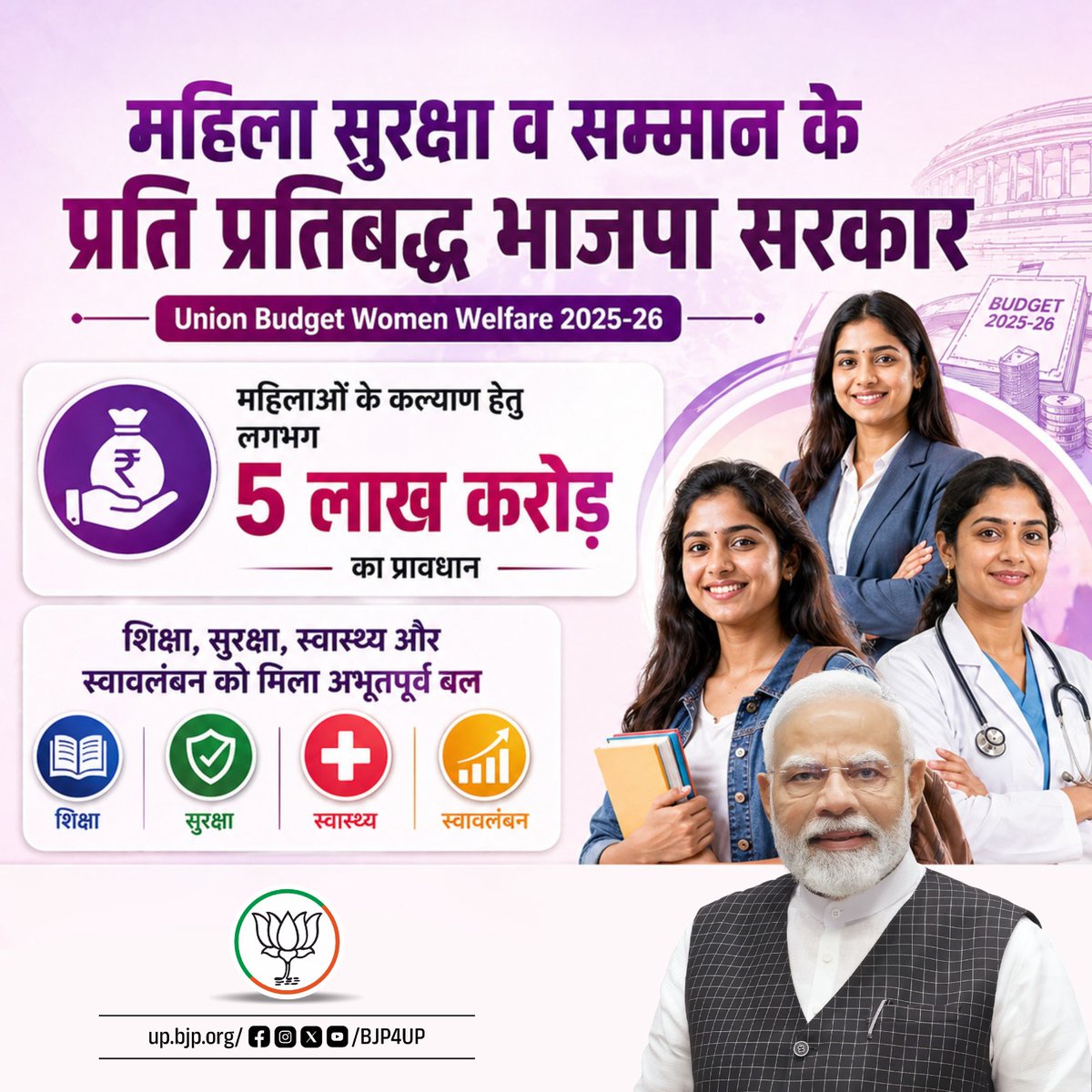 नारी सुरक्षा, सम्मान व सशक्तिकरण को संकल्प से सिद्धि तक पहुंचाने वाली भाजपा सरकार ने 2025-26 के यूनियन बजट में महिलाओं के कल्याण हेतु लगभग 5 लाख करोड़ रुपये का ऐतिहासिक प्रावधान कर यह स्पष्ट किया है कि विकसित भारत की आधारशिला नारी शक्ति है।

#सशक्त_नारी_समृद्ध_भारत #BJP4UP
