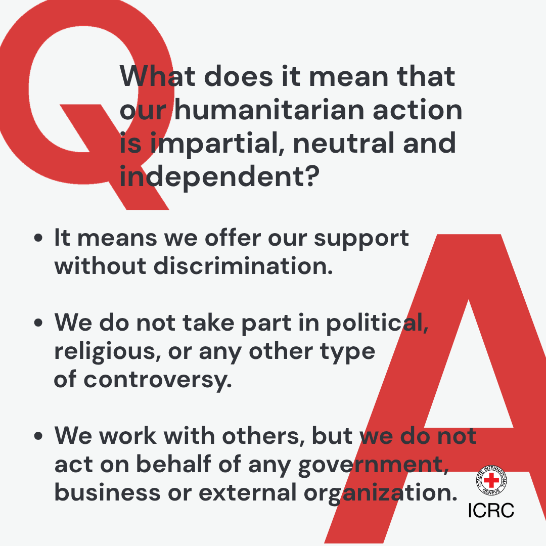 ICRC's tweet photo. We are a neutral and impartial organization. It is a principled choice that allows us to cross divides and bring help where it matters most.

We take action, not sides.

Learn more about our fundamental principles: https://t.co/F5fv8rcr3U https://t.co/jqmvwddCyA