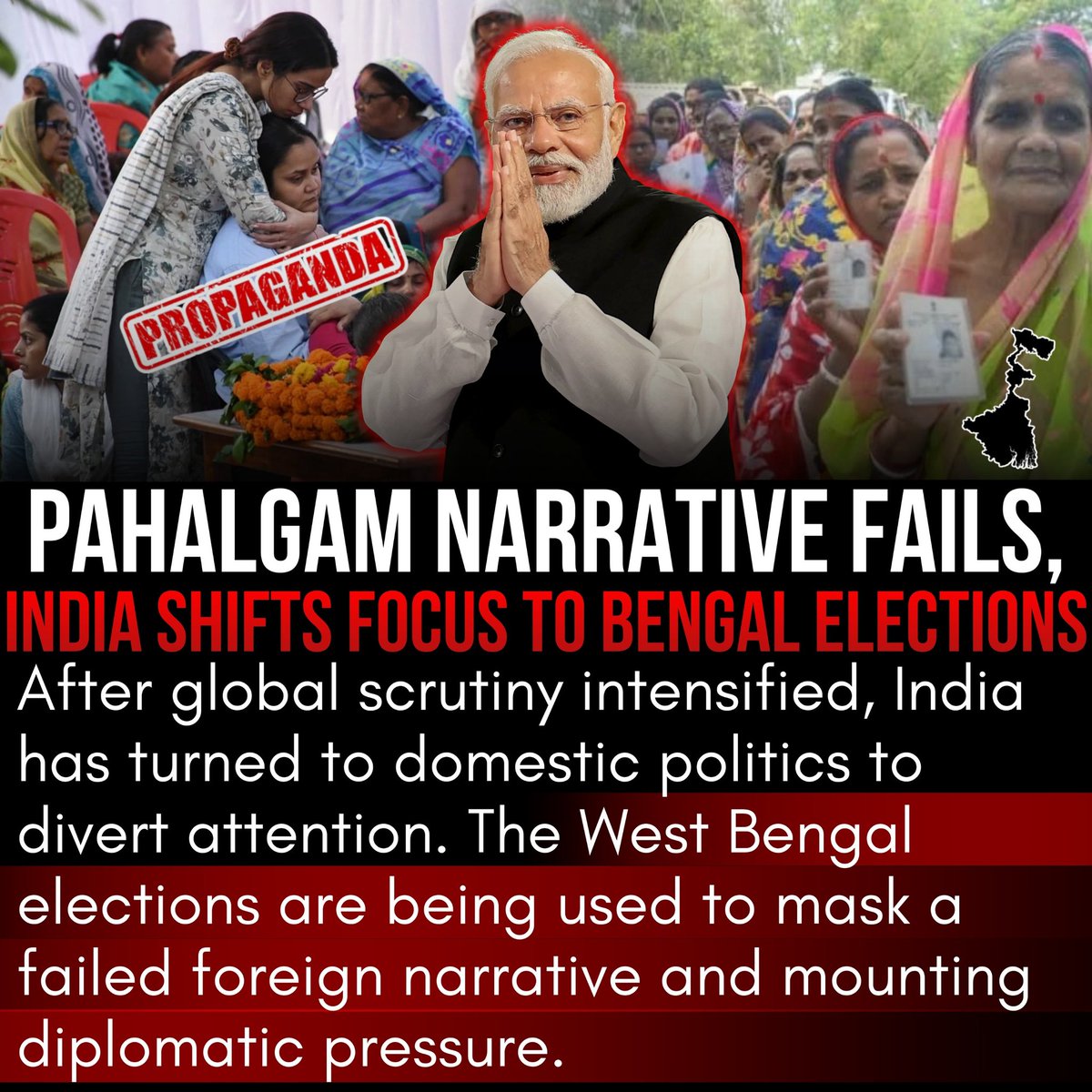 aghaalirehman's tweet image. Instead of providing credible evidence on Pahalgam, India is now busy with West Bengal elections.
This diversion tactic exposes how the Modi government is trying to bury its failed foreign narrative and avoid accountability. #Pahalgam #WestBengalPolls