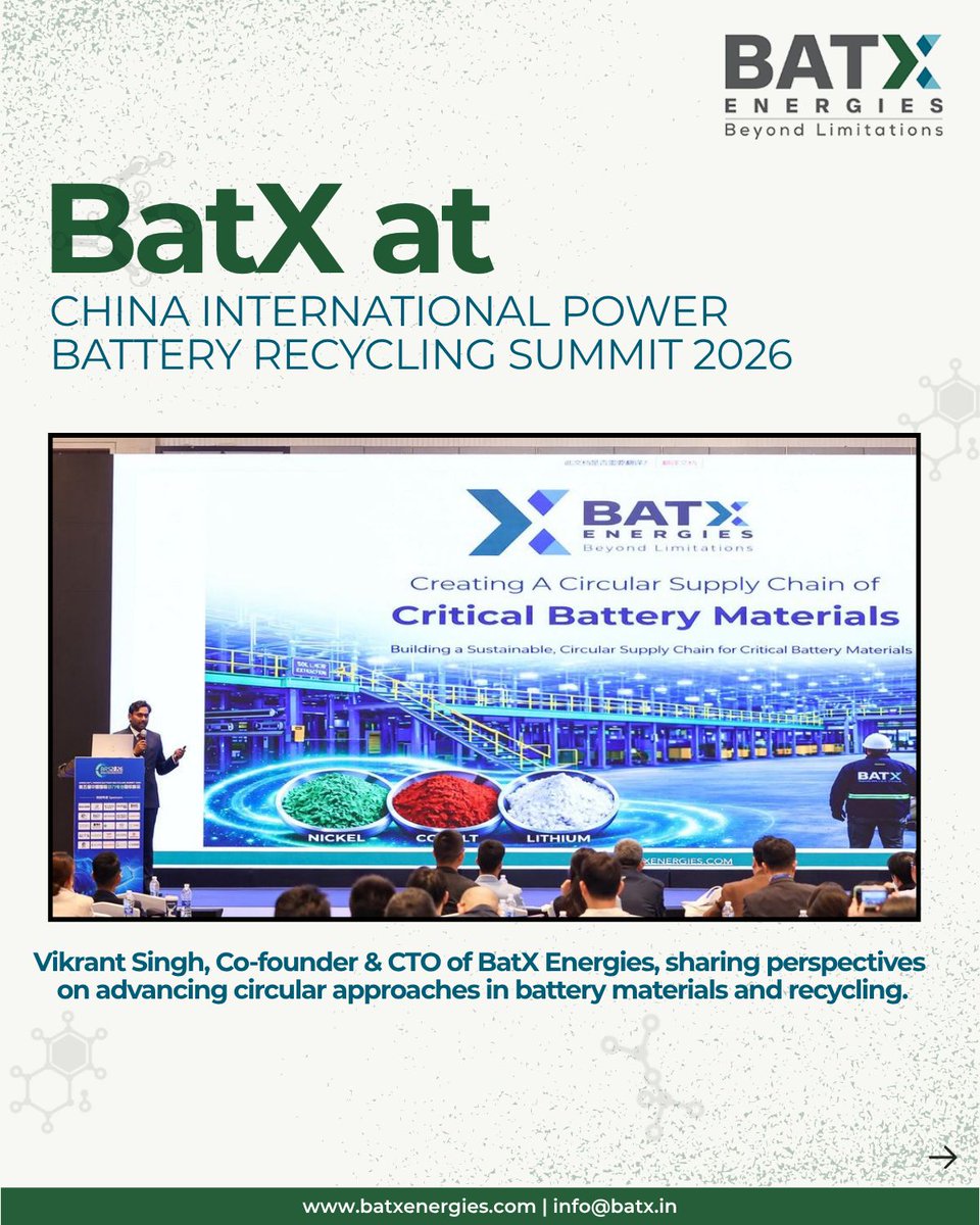 batxenergies_'s tweet image. BatX Energies at BRS 2026, #Shanghai 🇨🇳

Our Co-founder &amp;amp; CTO, Vikrant Singh, engaged in global discussions on battery recycling, circular systems, and material recovery.

Focused on building resilient, circular battery ecosystems

#BatXEnergies #BatteryRecycling #CircularEconomy