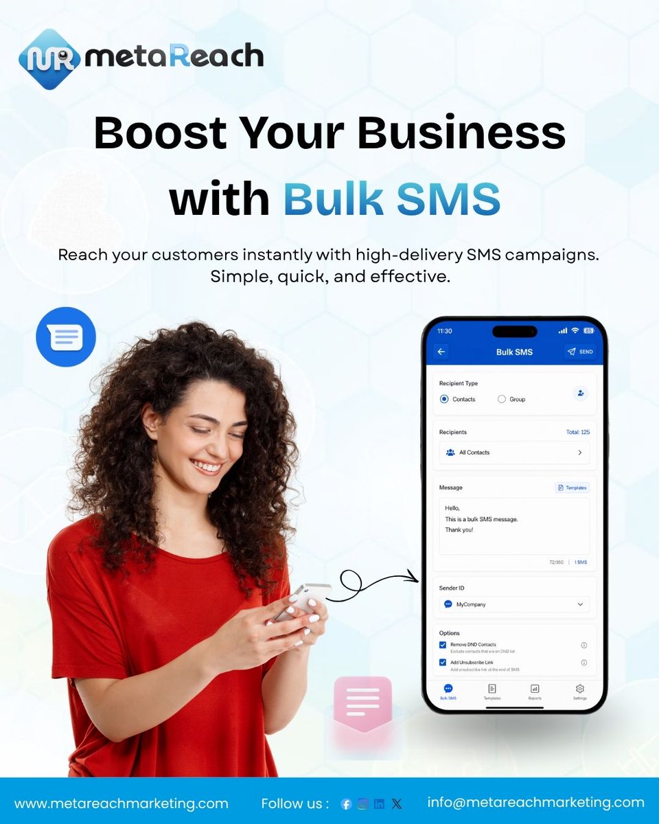 metareach's tweet image. Reach your customers instantly with Bulk SMS 🚀
Promotions, alerts, OTPs — delivered in seconds with high open rates.
Grow faster with smart messaging.

📞 +91 7669999419
📧 info@metareachmarketing.com

#BulkSMS #SMSMarketing #BusinessGrowth #DigitalMarketing #LeadGeneration