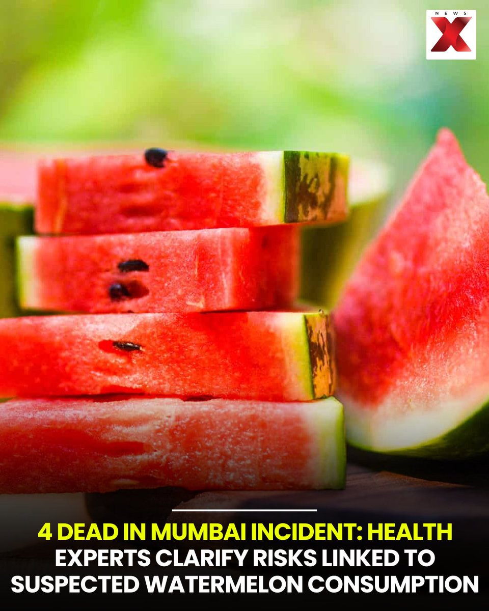 NewsX's tweet image. After a suspected food poisoning case in South Mumbai, experts say it’s generally safe, with rare risks from contamination, storage issues, or health conditions.

#Mumbai #Watermelon #Dangerous #HealthCondition #FoodSafety #NewsX