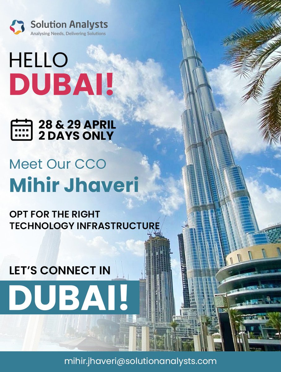 S_Analysts's tweet photo. @mihirjhaveri , CCO of Solution Analysts, is in Dubai on April 28–29.

Let’s connect to discuss smarter technology, streamlined systems, and business growth.

Limited slots available.
DM us or email: mihir.jhaveri@solutionanalysts.com
#SolutionAnalysts #Dubai #BusinessGrowth https://t.co/nz0R0Fejvs