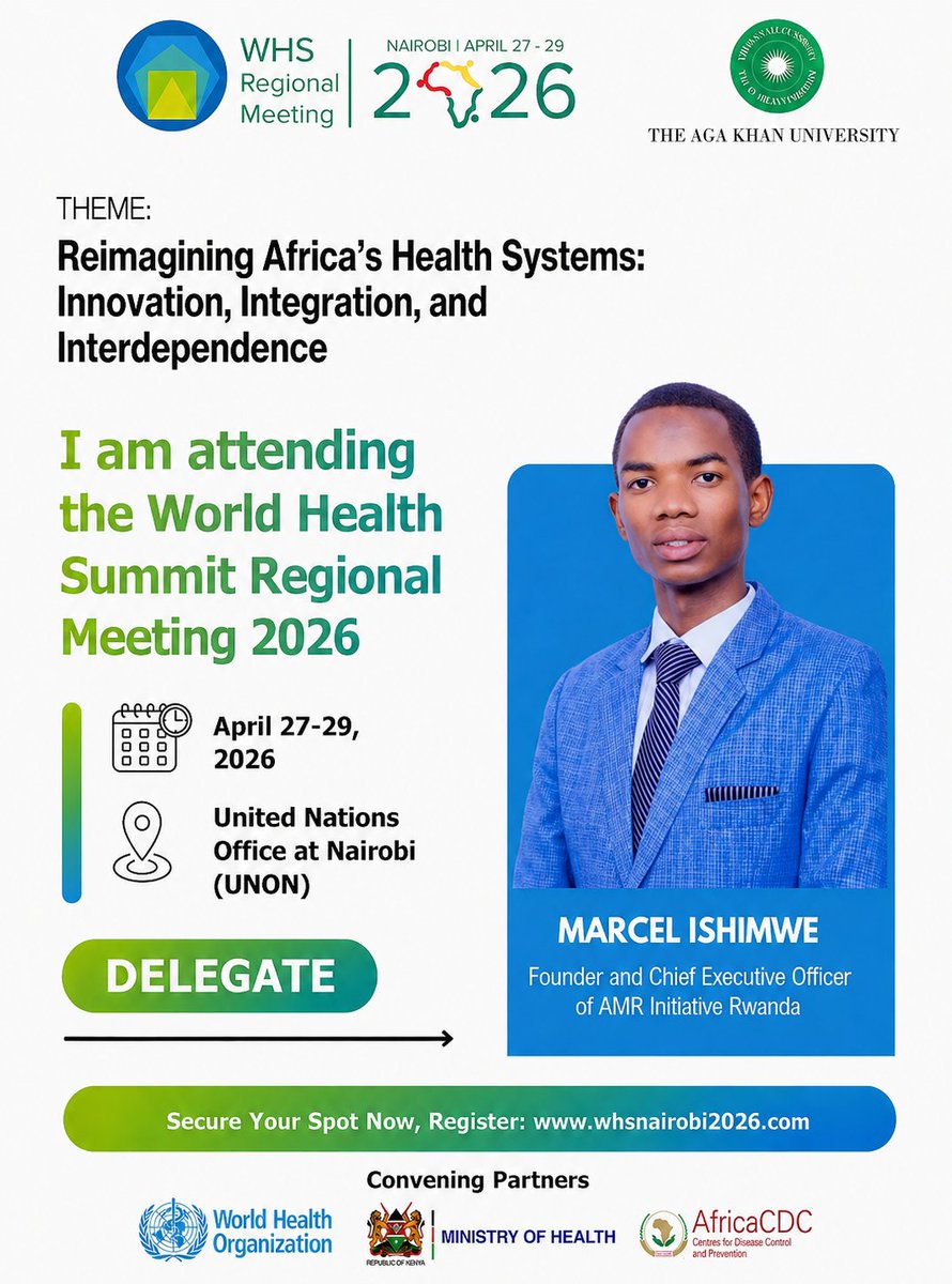 MarcelIshimwe1's tweet image. I am honored to be attending the World Health Summit Regional Meeting 2026 in Nairobi from April 27–29, 2026.

Under the #theme “Reimagining Africa’s Health Systems: Innovation, Integration, and Interdependence,” 

Let’s connect if you're attending!