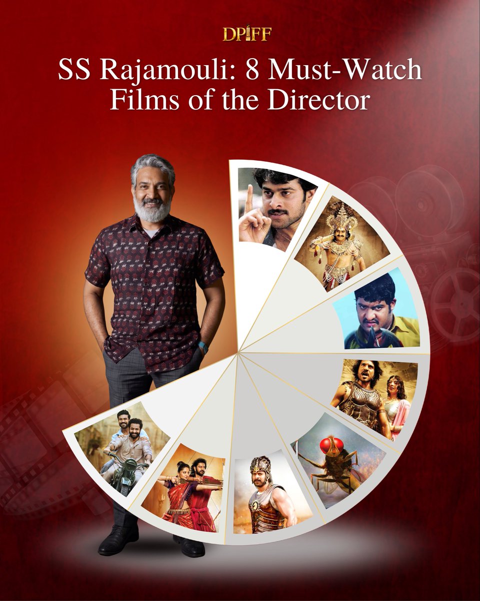 Dpiff_official's tweet image. To understand the scale, vision, and #storytelling brilliance of #SSRajamouli, these eight #films serve as essential viewing. 💯

Chatrapathi • Yamadonga • Simhadri • Magadheera • Eega • Baahubali: The Beginning • Baahubali: The Conclusion • RRR
