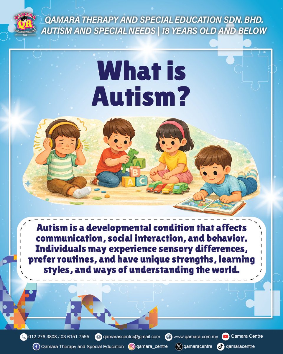 qamaracentre's tweet image. Hi Parents 👋
Understanding autism starts with awareness ✨
Every child learns, communicates, and experiences the world in their own unique way.
#AutismAwareness #SpecialNeeds #ParentsSupport #QamaraCentre #QamaraTherapyAndSpecialEducation