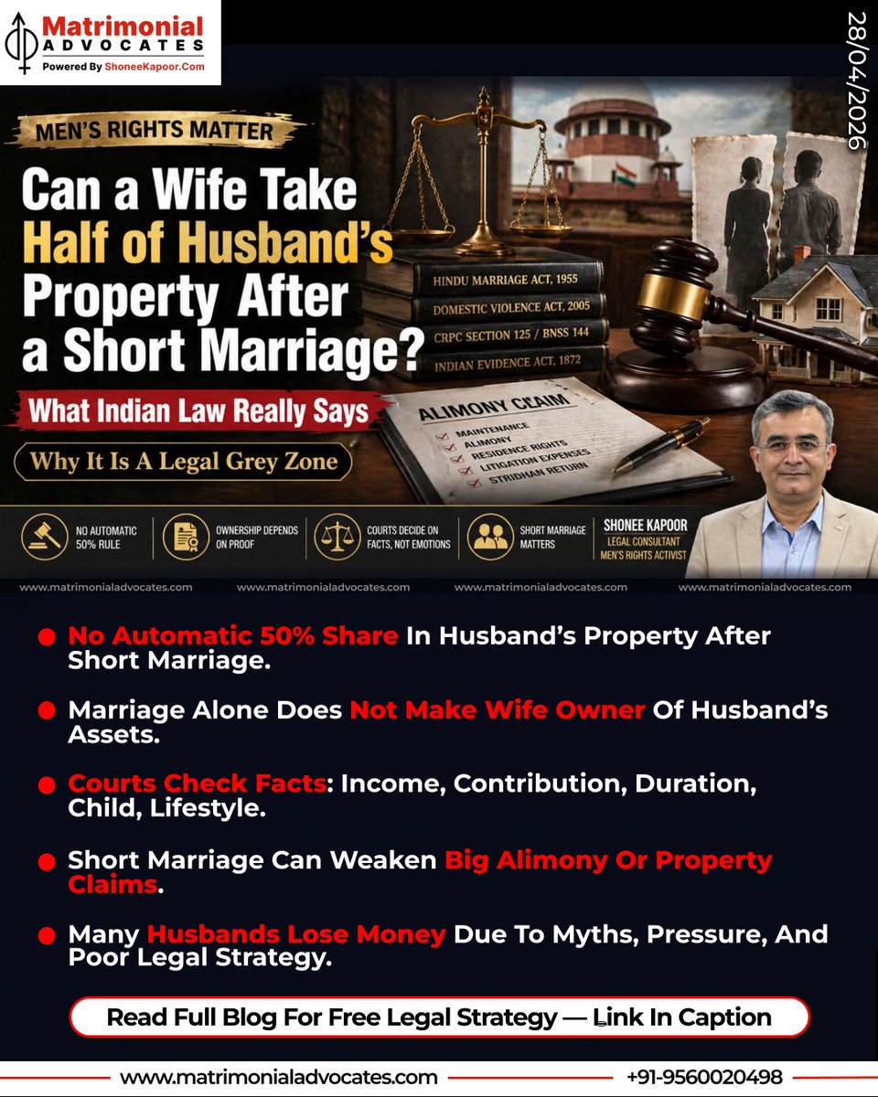 Matrimony_Advo's tweet image. #Marriage is not a property deal.
A #ShortMarriage cannot become a claim over a man’s lifetime earnings. Yet many husbands face #financial pressure through #litigation.

#Property is earned by work, not claimed by emotion. 
Read before it’s too late. 👇
matrimonialadvocates.com/wife-half-prop…