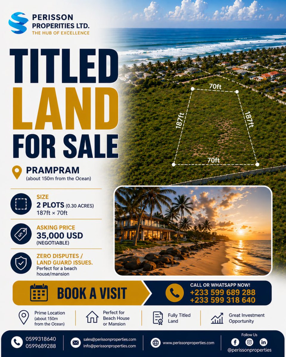 perissonpropt's tweet image. Beachside land in Prampram🌊
Clean title. No issues.

Perfect for a home or investment.
$35,000 (negotiable)

📲Enquire via WhatsApp link
wa.me/233599689288

#PerissonProperties
#Prampram