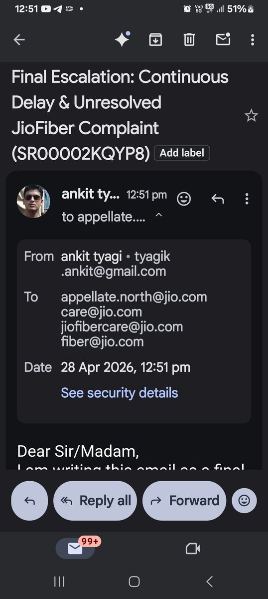 ankitty40128012's tweet photo. @JioCare @DoT_India @AshwiniVaishnaw

24 अप्रैल को JioFiber की शिकायत (SR00002KQYP8) की थी, 5 दिन हो गए लेकिन अभी तक समस्या हल नहीं हुई। बार-बार 24 घंटे का वादा, लेकिन कोई कार्रवाई नहीं।

Request खुद बंद, engineer नहीं आया।

कृपया तुरंत कार्रवाई करें।

#JioFiber #Complaint https://t.co/VUhyM67Z2K
