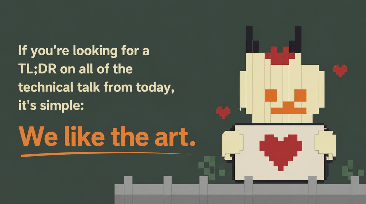 Pokpegv4's tweet photo. If you're looking for a TL;DR on all of the technical talk from today, it's simple:   

We like the art. https://t.co/YcT2kAGdxI