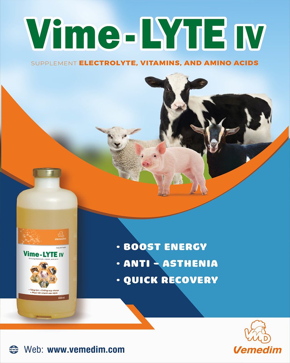 VemedimCompany's tweet image. Keep your livestock moving forward with Vime-LYTE IV! 🐄🐖⚡

A professional-grade supplement of Electrolytes, Vitamins, and Amino Acids designed to:
✅ Boost Energy
✅ Combat Physical Weakness
✅ Support Fast Recovery

#AnimalHealth #AgriBusiness #Livestock #Recovery #VimeLyteIV