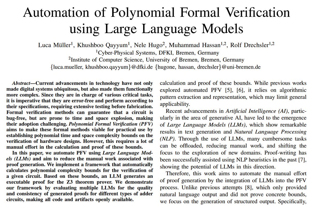 Rolf_Drechsler's tweet image. #VTS2026 - Luca Müller presents our paper on "Automation of Polynomial Formal Verification using Large Language Models" at IEEE VLSI Test Symposium 2026; paper is available #online agra.informatik.uni-bremen.de/doc/konf/VTS20… @agra_uni_bremen @mdothassan #PolyVer #LLMs
