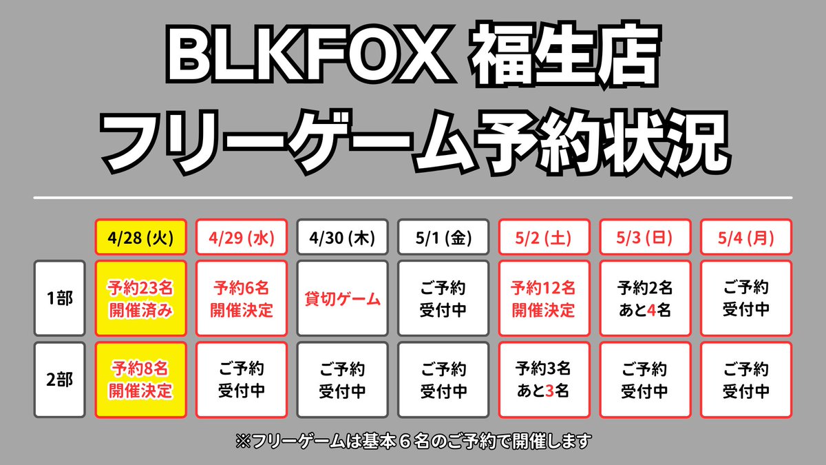 BLKFOX_Airsoft's tweet image. 4/28 1部フリーゲームお越し頂き誠にありがとうございました！

本日のお写真はこちら↓
dropbox.com/scl/fo/j405e7v…

このあと2部フリーゲームも開催となります
飛び入り参加、ご来店お待ちしております。

4枚目の写真は
明日以降の現在のフリーゲームの予約状況です。