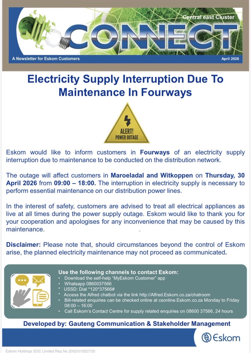Eskom_SA's tweet image. #EskomGauteng #PlannedMaintenance #Fourways  Electricity supply interruption due to planned maintenance in Maroeladal and Witkoppen on Thursday, 30 April 2026 from 09:00 to 18:00. 

Eskom in Gauteng conducts planned maintenance on the distribution electricity network across