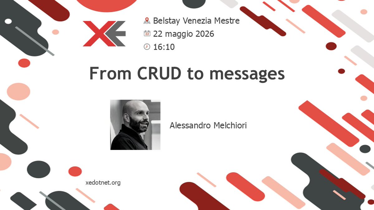 xedotnet's tweet photo. 🚀Completiamo la presentazione dei nostri spettacolari speaker del One Day!  Alle 16:20 sul palco del Belstay Venezia Mestre il 22 maggio 2026, salirà Alessandro Melchiori di @codiceplastico:    
📢From CRUD to messages
🌟 Per info e reg.⬇️ https://t.co/V0WzZ738xe