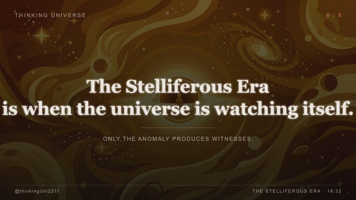 ThinkingUni2311's tweet image. And yet — every observation, every observer, every *this* happens in the brief lit anomaly near the start. Because only the anomaly produces witnesses.

The Stelliferous Era is when the universe is watching itself.

Full 16-min film: youtube.com/watch?v=mungkp…

#astronomy #space