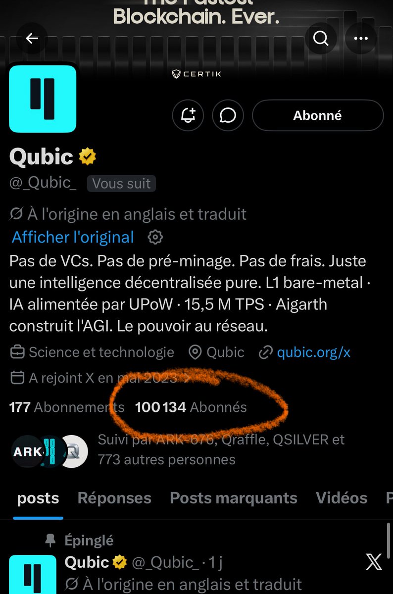 More than 100.000 followers for $QUBIC 👏🏼💥🔥
<a href="/_Qubic_/">Qubic</a> 
#QUBIC 

Extremely High Performance: Bare-metal execution (no OS or VM overhead) with C++ smart contracts, achieving peak throughput of 15.52 million TPS (CertiK-verified), and over 40–55 million transfers per second for
