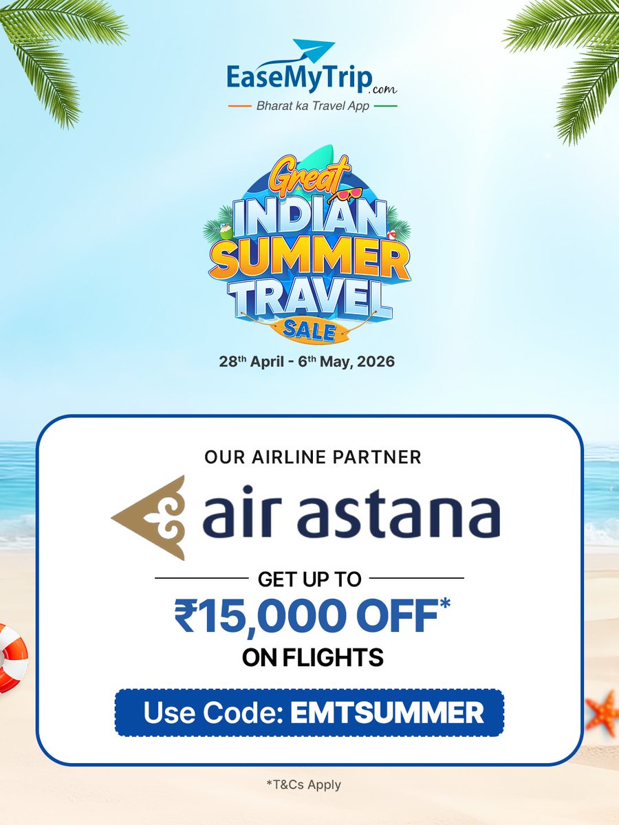 EaseMyTrip's tweet image. Air Astana just made your next trip affordable✈️🔥

The Great Indian Summer Travel Sale is LIVE -
and now’s the time to lock your flights without overpaying
Better fares. More routes. No waiting around.

Book with EaseMyTrip
*T&amp;amp;C apply

#GreatIndianSummerSale #FlightDeals