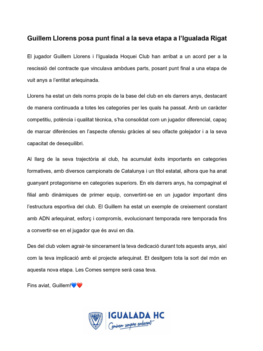 IgualadaHC's tweet photo. 💙GUILLEM LLORENS❤️

El jugador Guillem Llorens i l’Igualada HC han arribat a un acord per a la rescissió del contracte que vinculava ambdues parts, posant punt final a una etapa de vuit anys a l’entitat arlequinada.

Les Comes sempre serà casa teva.

Fins aviat, Guillem!💙❤️ https://t.co/rR1EDoyQNB