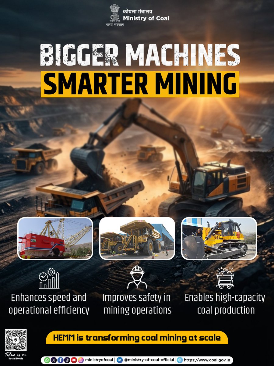 CoalMinistry's tweet image. High Efficiency Mining Machines (HEMM) are accelerating operations, enhancing safety and enabling large-scale coal production.

Bigger Machines. Smarter Mining. Powering India’s Energy Future.

#Innovation #Technology 
#MinistryofCoal