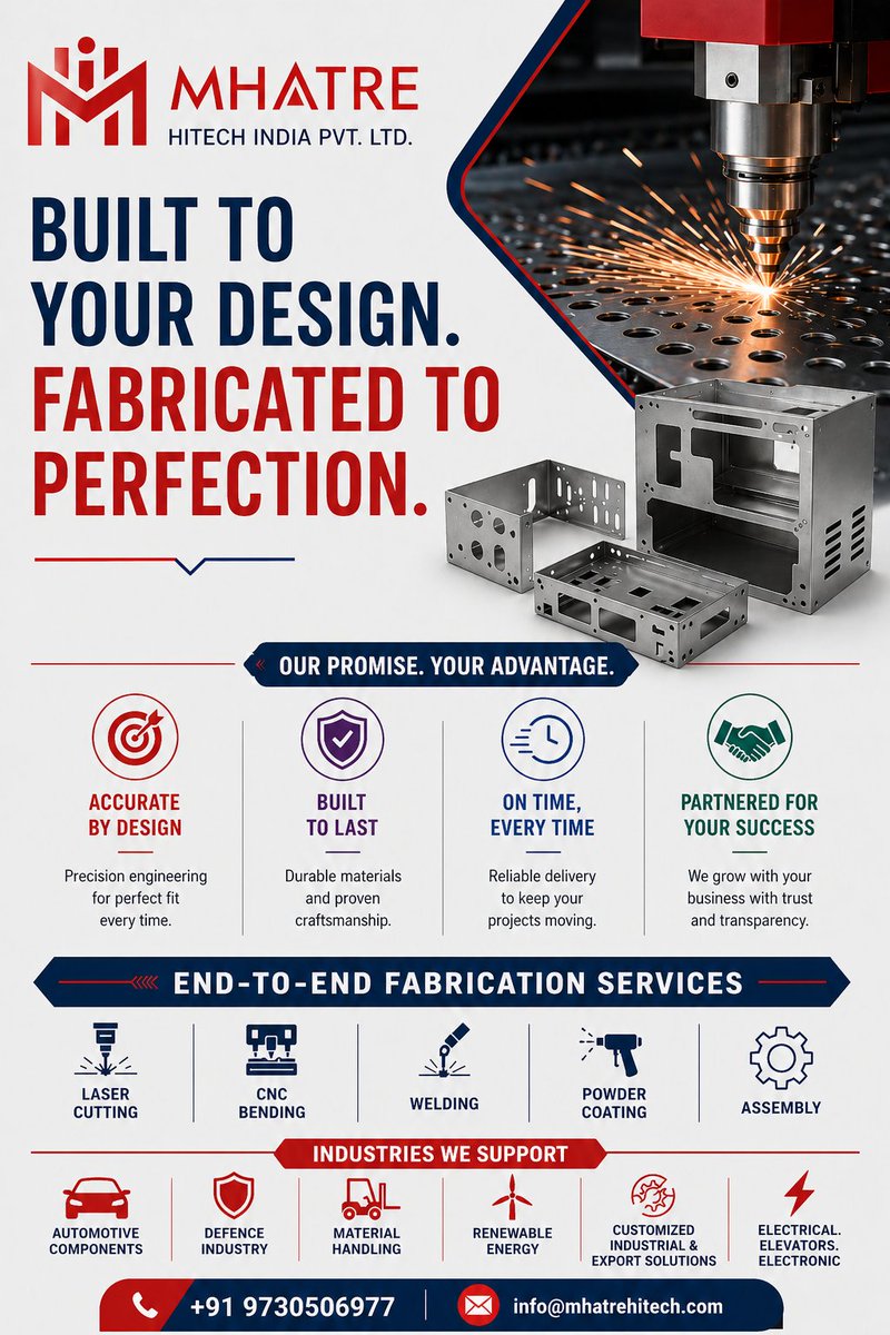 Mhatrehitech's tweet image. Precision. Performance. Reliability.
Your trusted sheet metal fabrication partner.
📞 +91 9730506977
📩 info@mhatrehitech.com

#Manufacturing #Fabrication #Engineering #MakeInIndia #B2B #Metal #Industry #Production #BusinessIndia #OEM