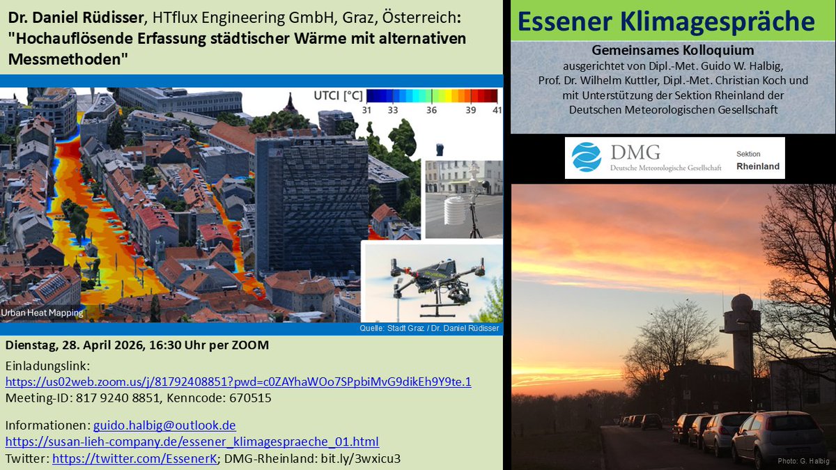 EssenerK's tweet photo. Heute, 28. April, 16:30 Uhr | Einladung Essener Klimagespräche (#EKG) (online) | Dr. Daniel Rüdisser, HTflux Engineering GmbH, Graz, Österreich: "Hochauflösende Erfassung städtischer Wärme mit alternativen Messmethoden"  | Zoom siehe Flyer; Link und Video: https://t.co/A6AW17LGpv https://t.co/YiDn7iJdco
