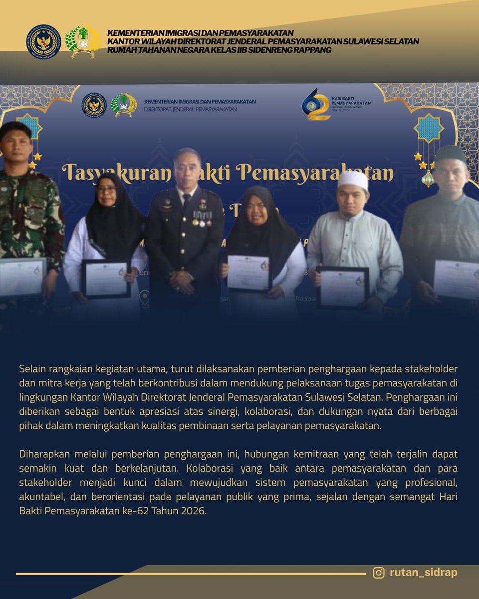 rutan_sidrap's tweet photo. Rumah Tahanan Negara Kelas IIB Sidenreng Rappang turut mengikuti kegiatan Syukuran Hari Bakti Pemasyarakatan (HBP) ke-62 Tahun 2026 yang mengusung tema *“Pemasyarakatan Kerja Nyata, Pelayanan Prima”*. https://t.co/XQP7hhu3cc