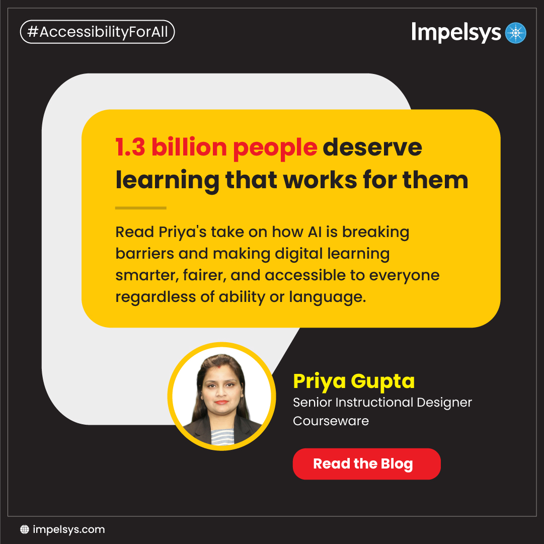 Impelsys's tweet photo. 1.3 billion people live with a disability. 70% of those disabilities are invisible.

Read how #Impelsys is building a smarter, fairer future for every learner: https://t.co/VtQcRZbDDz

#InclusiveLearning #AIForAccessibility #DigitalAccessibility #ElearningDesign #monkPlatform https://t.co/kpZBvm7jzR